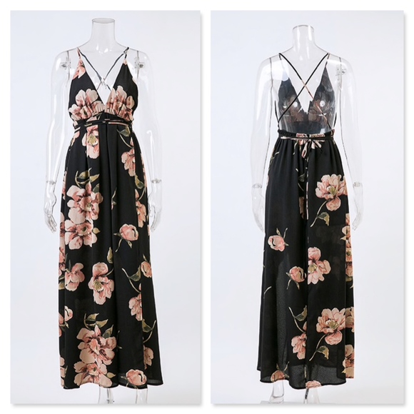 Boho Floral Backless Crisscross High Slit Dress - Picture 4 of 7